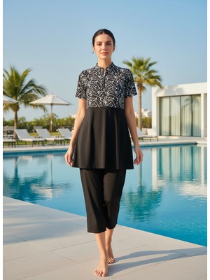 Seboteks Hızlı Kuruyan Esnek Paraşüt Kumaş 4 Parça Kısa Kollu Yarı Kapalı Mayo 3409