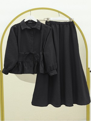 Modamorfo Eteği Fırfırlı Kemerli Ikili Takım -Siyah