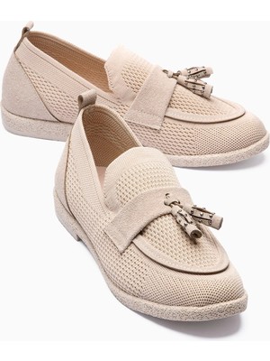 Mubiano Kadın Triko Loafer Süet Detaylı Püsküllü Hafif Rahat Günlük Ayakkabı Rivina Bej