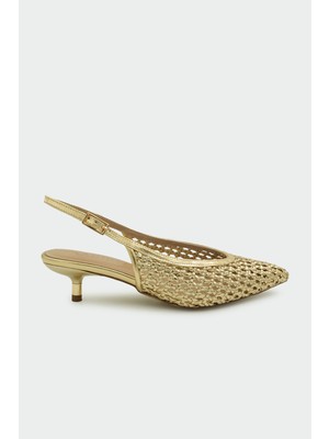 Laminta Brayn Örgü Detaylı Gold Kadın Topuklu Ayakkabı