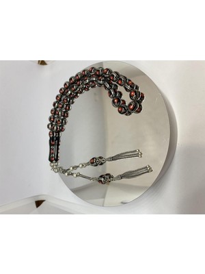 Tesbih TSBH0109BC 925 Ayar Gümüş Püsküllü Gümüş-Mercan Işlemeli Küre Kesim Usta El Işçilikli Erzurum Oltu Tesbih