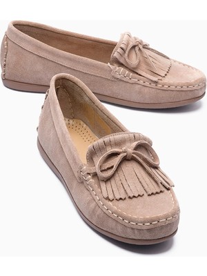 Mubiano Kadın Hakiki Süet Babet Püskül Detaylı Loafer Alora Bej