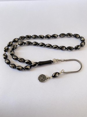 Tesbih TSBH0259BC 925 Ayar Gümüş Püsküllü Gümüş Işlemeli Beyzi Kesim Erzurum Oltu Taşı Tesbih