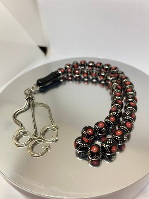 Tesbih TSBH0028AH 925 Ayar Gümüş Püsküllü Gümüş-Mercan Işlemeli Küre Kesim Usta El Işçilikli Erzurum Oltu Tesbih