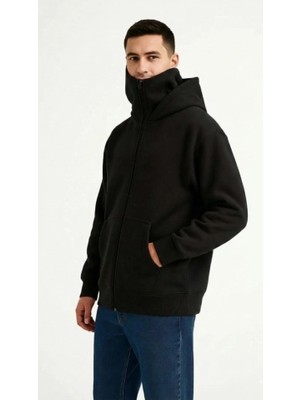 Beruflic Samuray Ninja Çift Kapüşonlu Zıp Fermuarlı Kanguru Cepli Tam Fermuarlı Hoodie Sweatshirt  Siyah
