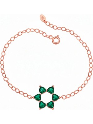 BymissMücevherat Aşkın Fısıltısı Mekik Zincirli Kalp Bileklik Yeşil Zirkon Taşlı 925 Ayar Gümüş