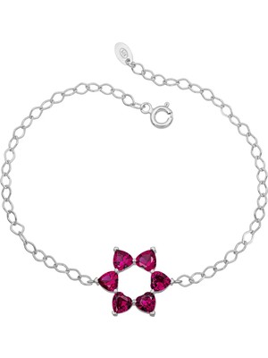 BymissMücevherat Aşkın Fısıltısı Mekik Zincirli Kalp Bileklik Ruby Taşlı 925 Ayar Gümüş