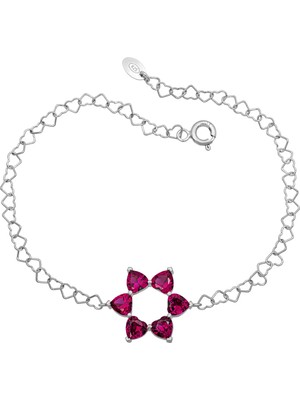 BymissMücevherat Aşkın Fısıltısı Ruby Taşlı Bileklik 925 Ayar Gümüş Kalp Zincir 20 cm
