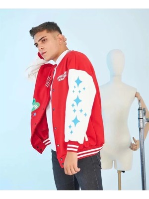 Beruflic Erkek Kolları Yıldız Sırt Baskılı Oversize Kolej Ceket