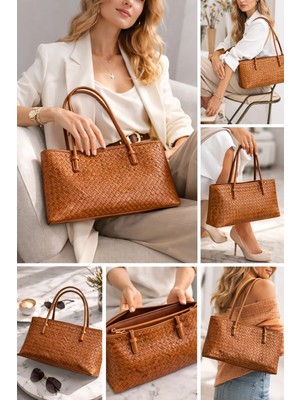 ZOE3tr Kadın Taba Örgü Dokulu Dar Uzun Yatay Omuz Çantası