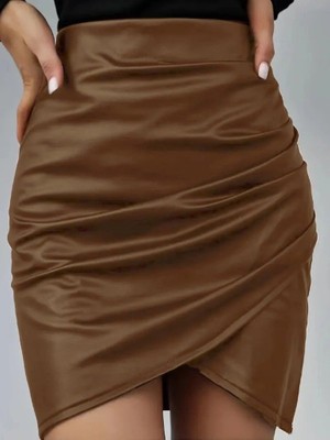 Beruflic Kadın Yüksek Bel Yandan Fermuarlı Pileli Mini Deri Etek