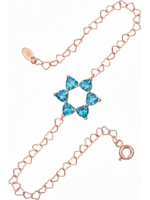 BymissMücevherat Aşkın Fısıltısı Akuamarin Kalp Taşlı Bileklik 925 Ayar Gümüş Kalp Zincir 20 cm