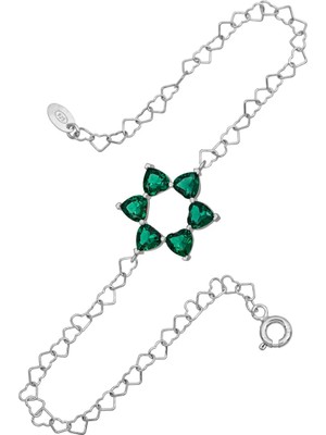 BymissMücevherat Aşkın Fısıltısı Yeşil Zirkon Kalp Taşlı Bileklik 925 Ayar Gümüş Kalp Zincir 20 Cm| Sevgililer Günü