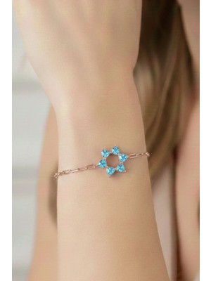 BymissMücevherat ‘aşkın Fısıltısı’ Ataç Zincirli Kalp Bileklik Akuamarin Taşlı 925 Ayar Gümüş