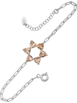 BymissMücevherat Aşkın Fısıltısı Ataç Zincirli Kalp Bileklik Şampanya Rengi Sitrin Taşlı 925 Ayar Gümüş