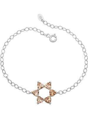 BymissMücevherat Aşkın Fısıltısı Mekik Zincirli Kalp Bileklik Şampanya Rengi Sitrin Taşlı 925 Ayar Gümüş