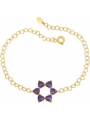 BymissMücevherat Aşkın Fısıltısı Kalp Ametist Taşlı Bileklik 925 Ayar Gümüş Kalp Zincir 20 cm | Sevgililer Günü