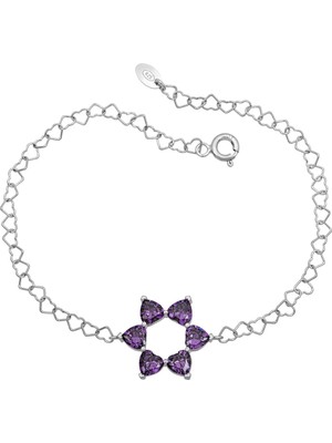 BymissMücevherat Aşkın Fısıltısı Kalp Ametist Taşlı Bileklik 925 Ayar Gümüş Kalp Zincir 20 cm | Sevgililer Günü