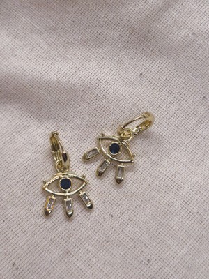 Museum Of You 14K Altın Kaplama Lacivert Taşlı Göz Figürlü Küpe - Baget Taş Detaylı - Xp -Kararmaz