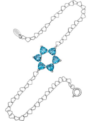 BymissMücevherat Aşkın Fısıltısı Akuamarin Kalp Taşlı Bileklik 925 Ayar Gümüş Kalp Zincir 20 cm