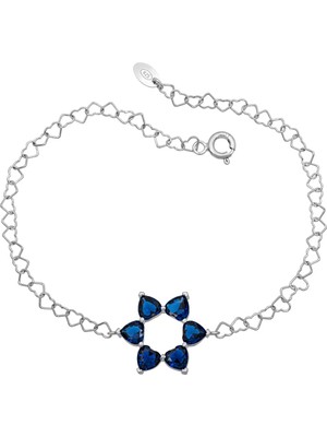 BymissMücevherat Aşkın Fısıltısı Safir Kalp Taşlı Bileklik 925 Ayar Gümüş Kalp Zincir 20 cm