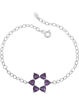 BymissMücevherat Aşkın Fısıltısı Mekik Zincirli Kalp Bileklik Ametist Taşlı 925 Ayar Gümüş
