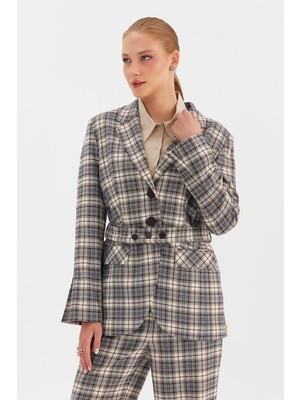 Nish&Chic Beli Kemerli Ekose Ceket