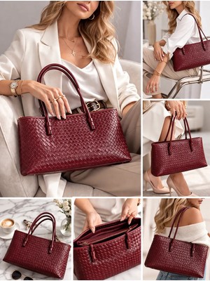 ZOE3tr Kadın Bordo Örgü Dokulu Dar Uzun Yatay Omuz Çantası