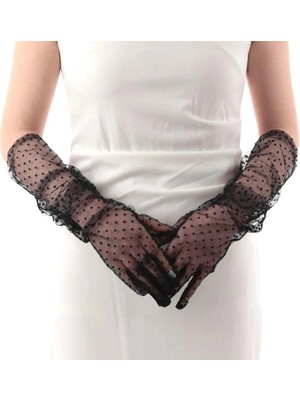 Colezium Uzun Boy Siyah Puantiyeli Siyah Renk Yetişkin Tül Eldiven 55 cm