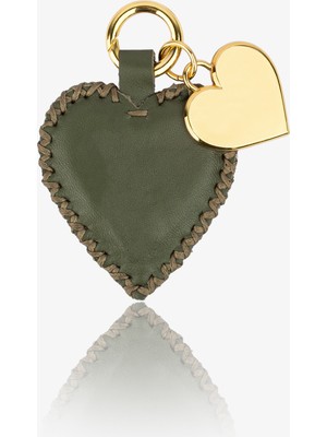 ByTooche Helios Haki Yeşil Hakiki Deri El Yapımı Kalpli Anahtarlık & Çanta Charmı, Kalp Charm