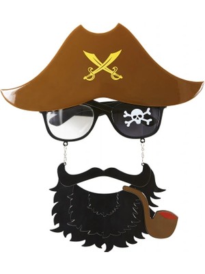 Colezium Kahve Renk Şapkalı Siyah Sakallı Pipolu Jack Sparrow Denizci Korsan Gözlüğü 24X25 cm