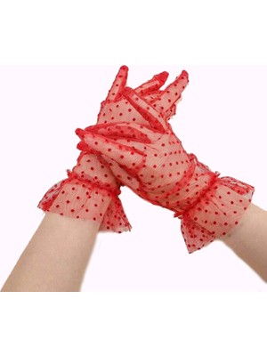 Colezium Kısa Boy Güpürlü Kırmızı Puantiyeli Tül Eldiven Kırmızı Renk
