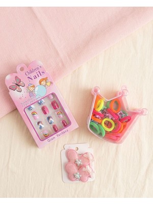 The Littles Kids Kız Çocukları Için 1 Adet Stickerlı Takma Tırnak Seti 1 Adet Kutulu Toka ve 1 Adet Simli Toka Seti