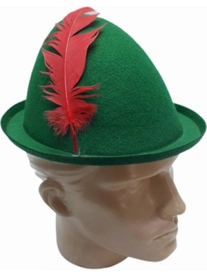 Colezium Yeşil Renk Kırmızı Tüylü Peter Pan Şapkası Robin Hood Şapkası 24X23 cm