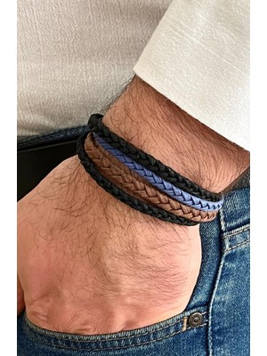 Gns Aksesuar Çok Renkli %100 Deri 4lü Kombin Erkek Bileklik 21 cm (Türk El Üretimi)