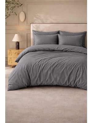 More Home  Lastikli Çarşaflı Çift Kişilik Nevresim Takımı Antrasit Gri