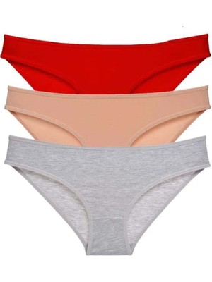 3 Adet Eko Set Likralı Kadın Slip Külot Kırmızı Ten Gri