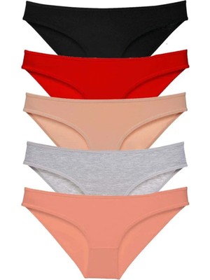 5 Adet Süper Eko Set Likralı Kadın Slip Külot Siyah Kırmızı Ten Gri Pudra