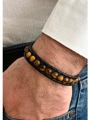 Kaplan Gözü Doğal Taş Çelik Hakiki Deri Erkek Bileklik 21 cm (Türk El Üretimi)