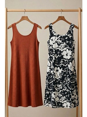 Cotenconcept 2 Adet A Kesim Rahat ve Dökümlü Kalın Askılı Elbise