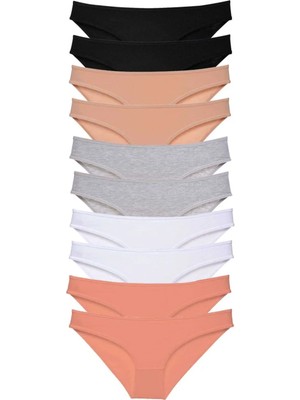 10 Adet Süper Eko Set Likralı Kadın Slip Külot Siyah Ten Gri Beyaz Pudra