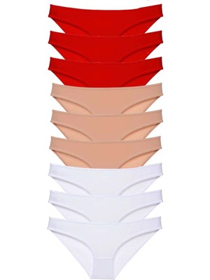 9 Adet Süper Eko Set Likralı Kadın Slip Külot Kırmızı Ten Beyaz
