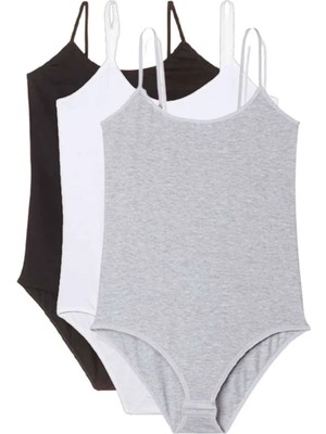 3 Adet Ip Askılı Kadın Çıtçıtlı Body Siyah Beyaz Gri