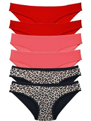 6 Adet Likralı Kadın Slip Külot Leopar Kırmızı Fuşya