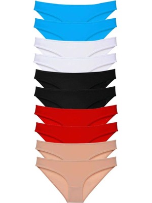 10 Adet Süper Eko Set Likralı Kadın Slip Siyah Kırmızı Ten Beyaz Mavi