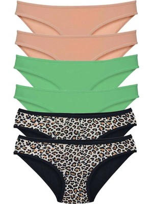 6 Adet Likralı Kadın Slip Külot Leopar Ten Yeşil