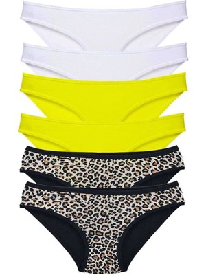 6 Adet Likralı Kadın Slip Külot Leopar Beyaz Sarı