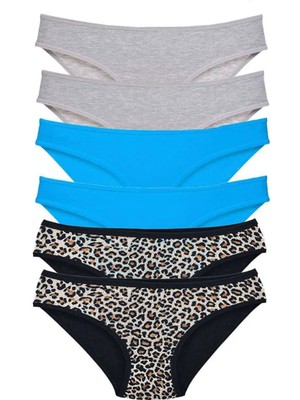 6 Adet Likralı Kadın Slip Külot Leopar Gri Mavi