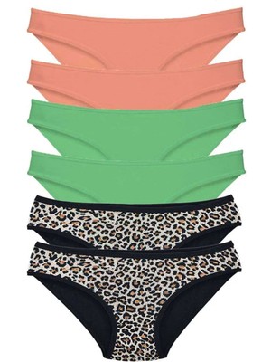 6 Adet Likralı Kadın Slip Külot Leopar Pudra Yeşil