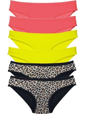 6 Adet Likralı Kadın Slip Külot Leopar Fuşya Sarı